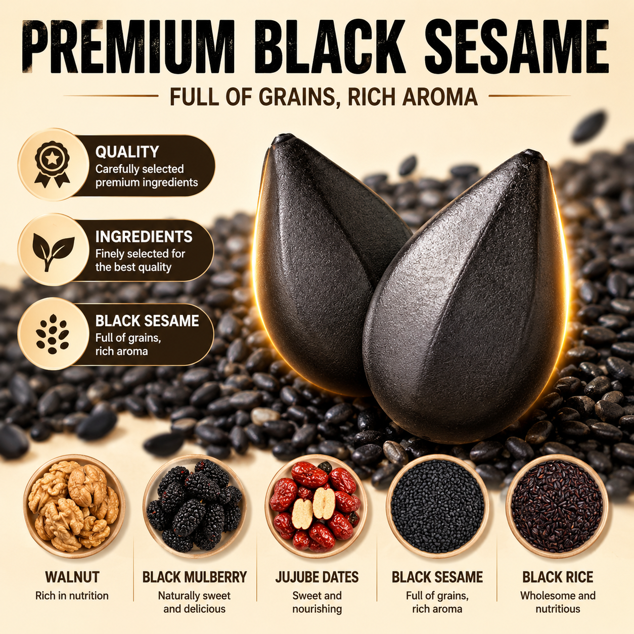 Intangible Heritage 5-Treasure Black Sesame Balls – Nine-Steamed & Nine-Sun-Dried Traditional Craft & Repair Damaged Hair&Promote Sleep.