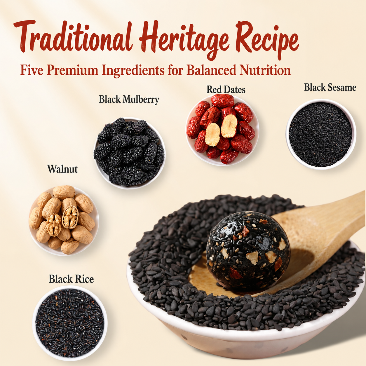 Intangible Heritage 5-Treasure Black Sesame Balls – Nine-Steamed & Nine-Sun-Dried Traditional Craft & Repair Damaged Hair&Promote Sleep.